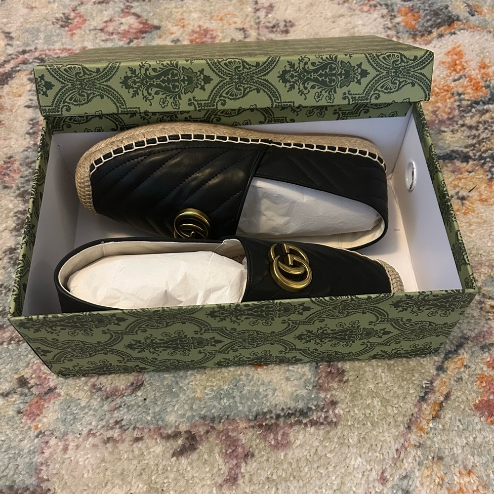 Gucci Black Espadrille Loafers with Gold Accent - Picture 3 of 12